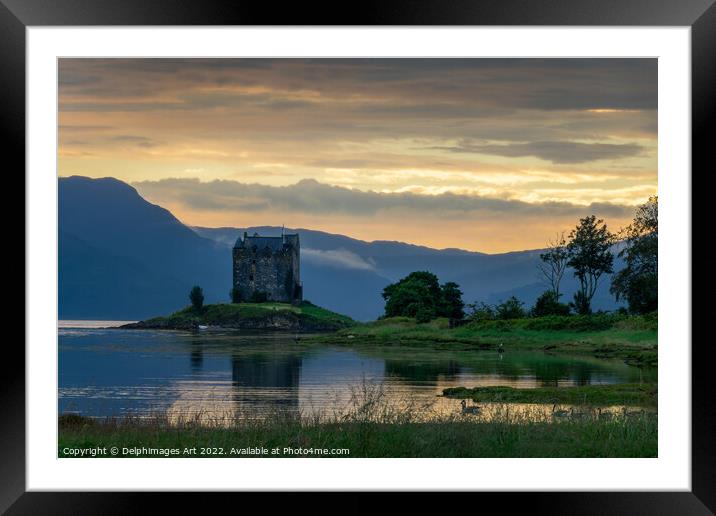 Loch Laich and castle Stalker at sunset, Argyll, S Framed Mounted Print by Delphimages Art