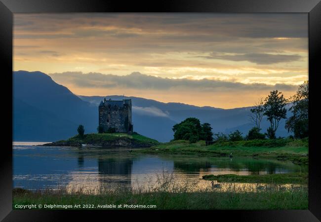 Loch Laich and castle Stalker at sunset, Argyll, S Framed Print by Delphimages Art