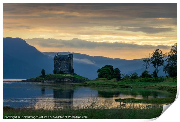 Loch Laich and castle Stalker at sunset, Argyll, S Print by Delphimages Art