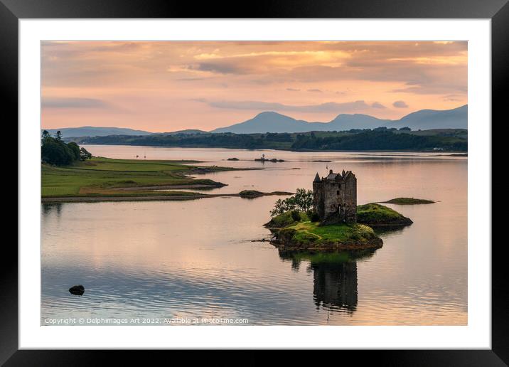 Castle Stalker with water reflections at sunset, A Framed Mounted Print by Delphimages Art