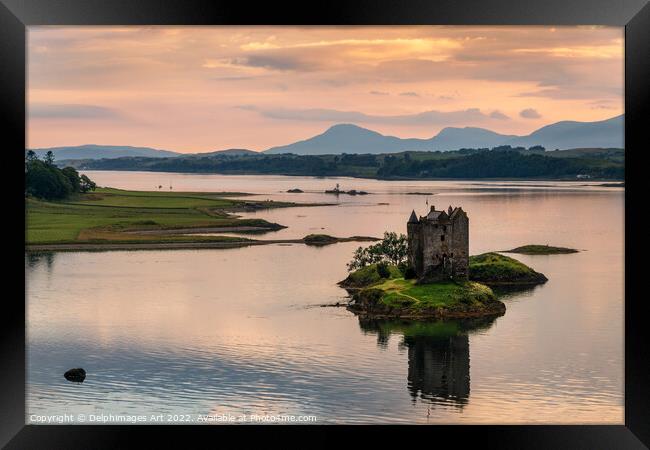 Castle Stalker with water reflections at sunset, A Framed Print by Delphimages Art