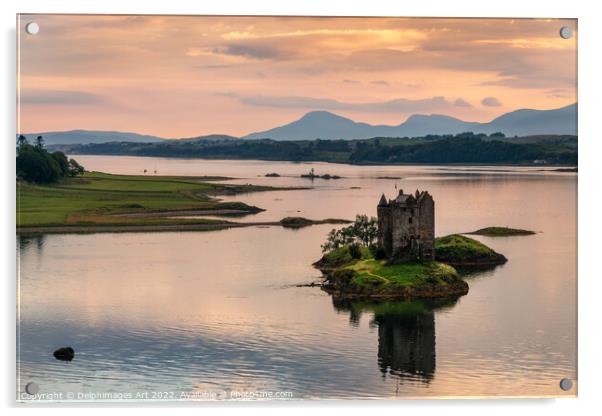 Castle Stalker with water reflections at sunset, A Acrylic by Delphimages Art
