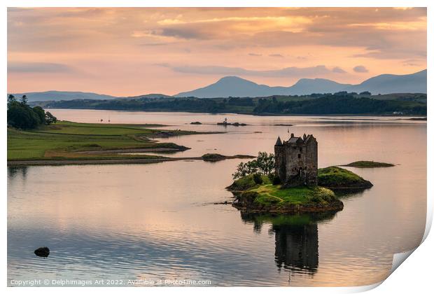 Castle Stalker with water reflections at sunset, A Print by Delphimages Art