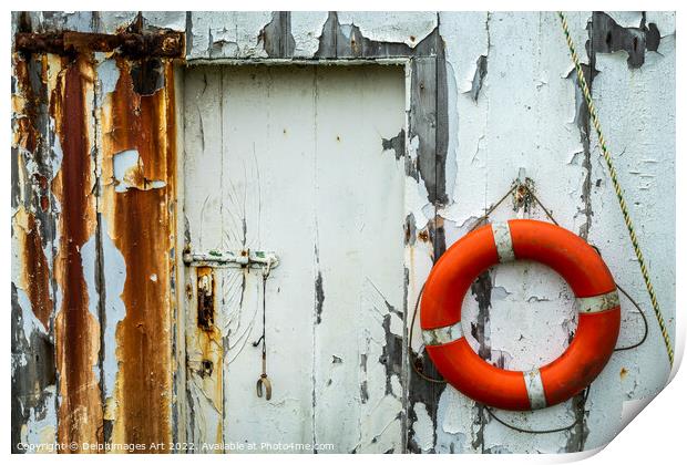 Life belt hanging on the wall of an old boat shed  Print by Delphimages Art