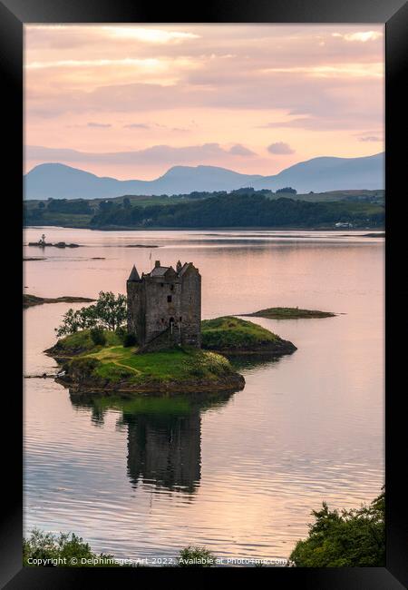 Castle Stalker on Loch Laich at sunset, Argyll, Sc Framed Print by Delphimages Art