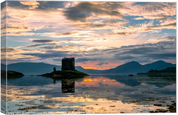 Castle Stalker with water reflections at sunset, S Canvas Print by Delphimages Art