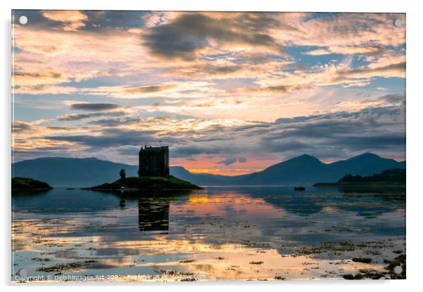 Castle Stalker with water reflections at sunset, S Acrylic by Delphimages Art