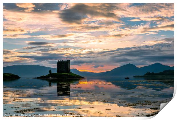 Castle Stalker with water reflections at sunset, S Print by Delphimages Art
