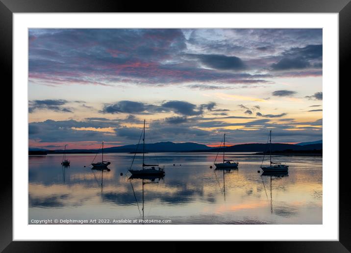 Silhouettes of boats on Loch Etive at sunset, Scot Framed Mounted Print by Delphimages Art