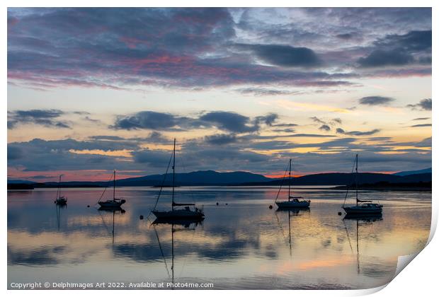 Silhouettes of boats on Loch Etive at sunset, Scot Print by Delphimages Art