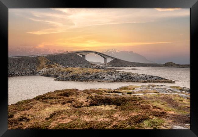The Storseisundet Bridge .Norway bridge; sunset Framed Print by kathy white