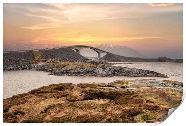 The Storseisundet Bridge .Norway bridge; sunset Print by kathy white