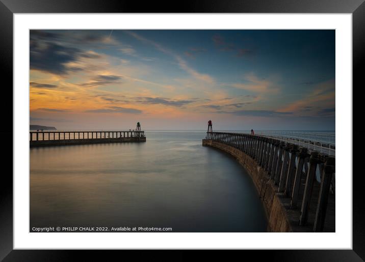 Whitby piers at sunset 785 Framed Mounted Print by PHILIP CHALK