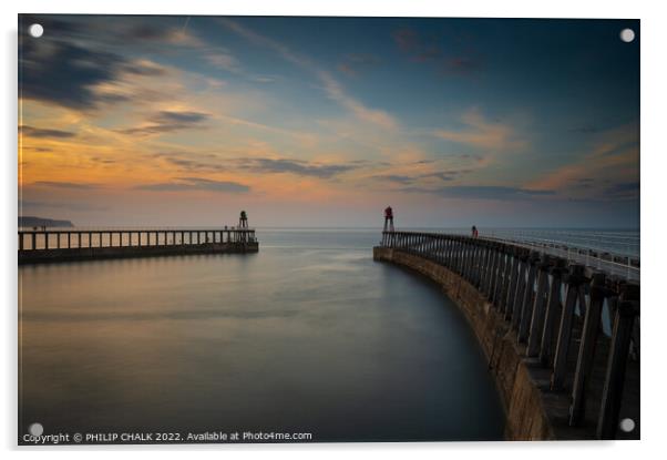 Whitby piers at sunset 785 Acrylic by PHILIP CHALK