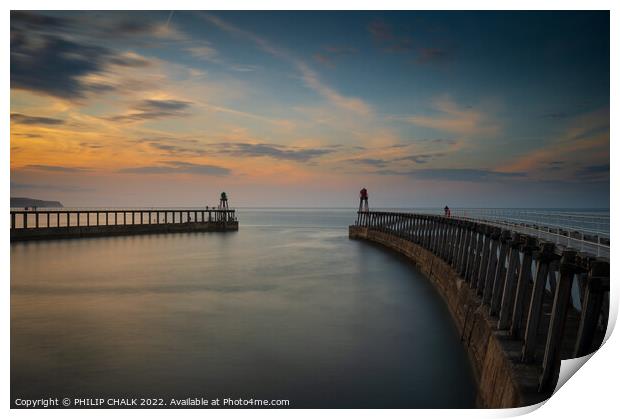 Whitby piers at sunset 785 Print by PHILIP CHALK
