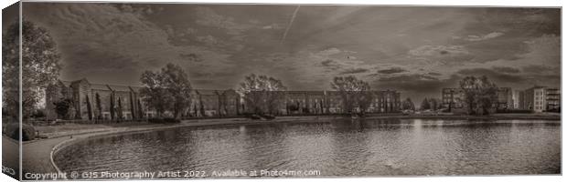 Caldecotte Lake Milton Keynes Panorama Sepia Canvas Print by GJS Photography Artist