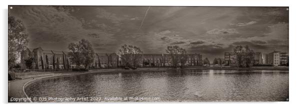 Caldecotte Lake Milton Keynes Panorama Sepia Acrylic by GJS Photography Artist