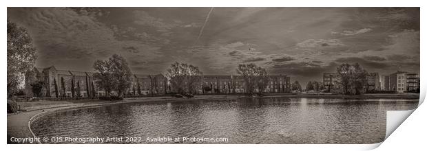 Caldecotte Lake Milton Keynes Panorama Sepia Print by GJS Photography Artist