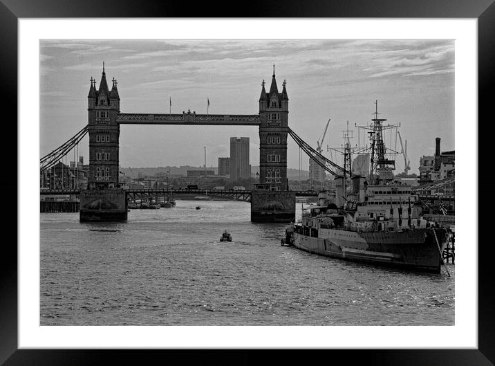 Tower Bridge and HMS Belfast Mono Framed Mounted Print by Glen Allen