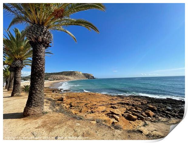 Praia Da Luz, Lagos, Algarve Portugal with palm trees and blue sky Print by Samuel Foster