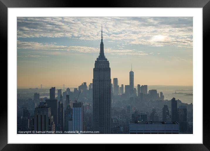 Empire State building at sunset from the Top of th Framed Mounted Print by Samuel Foster