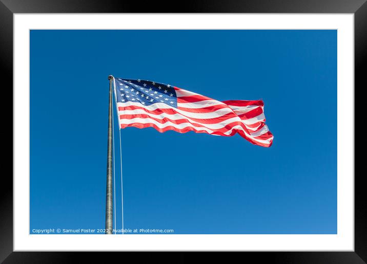 American USA Flag flying on a clear blue sky Framed Mounted Print by Samuel Foster