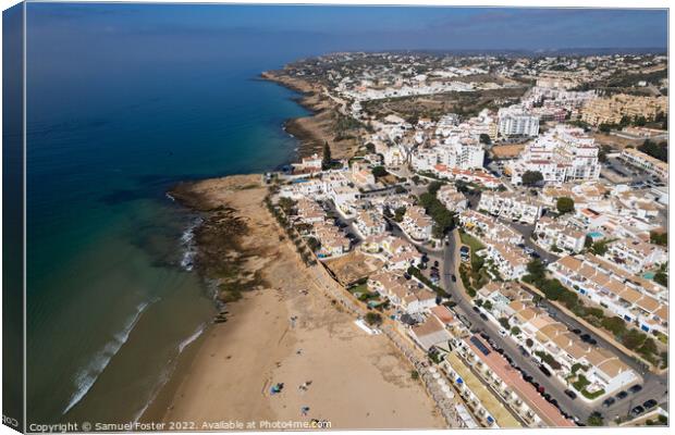 Drone Aerial Praia Da Luz Beach Lagos Portugal Algarve Canvas Print by Samuel Foster