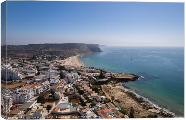 Drone Aerial Praia Da Luz Beach Lagos Portugal Algarve Canvas Print by Samuel Foster