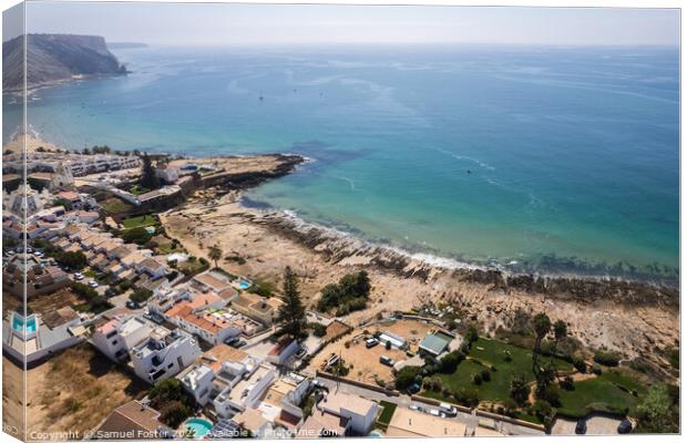 Drone Aerial Praia Da Luz Beach Lagos Portugal Algarve Canvas Print by Samuel Foster