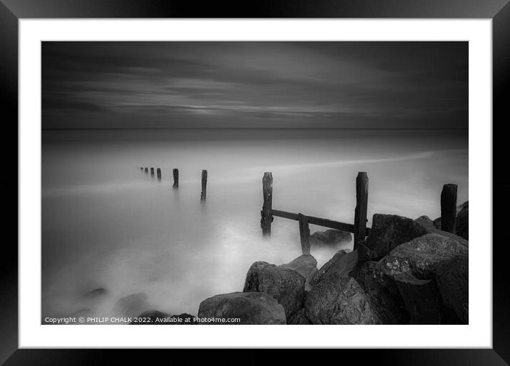 Groynes on Llandulus beach 799 black and white  Framed Mounted Print by PHILIP CHALK