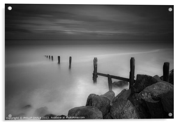 Groynes on Llandulus beach 799 black and white  Acrylic by PHILIP CHALK
