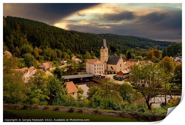 Small town and medieval castle Rozmberk nad Vltavou, Czech Republic. Print by Sergey Fedoskin