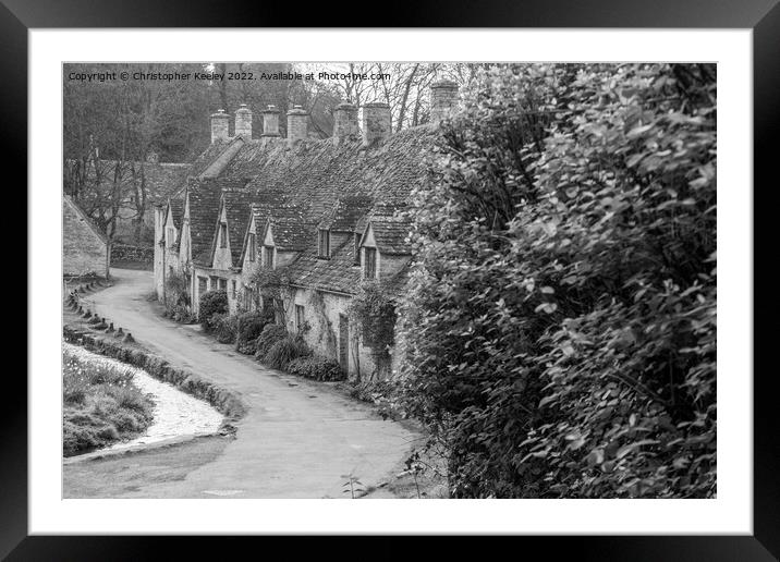 Arlington Row, Bibury, in black and white Framed Mounted Print by Christopher Keeley