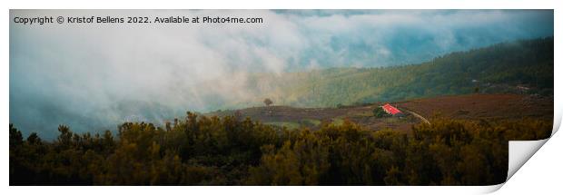 Panorama shot of evening fog rolling in on the mountains of Serra de Monchique in Algarve, Portugal during early autumn. Print by Kristof Bellens