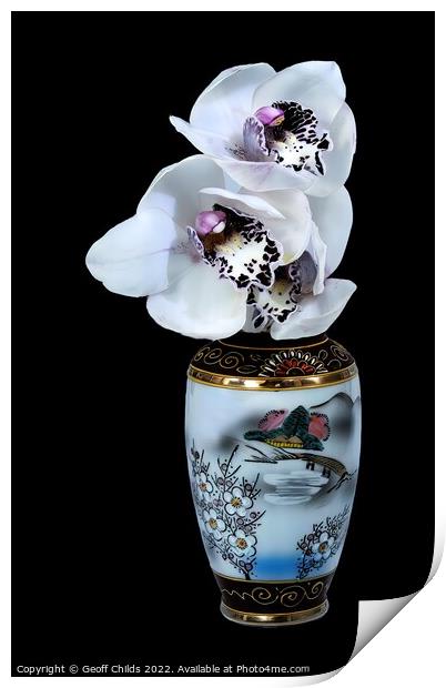  White Cymbidium Orchids in a vase on black. Print by Geoff Childs