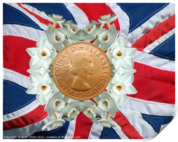 Memorial image of Queen Elizabeth on the Union Jack. Print by Geoff Childs