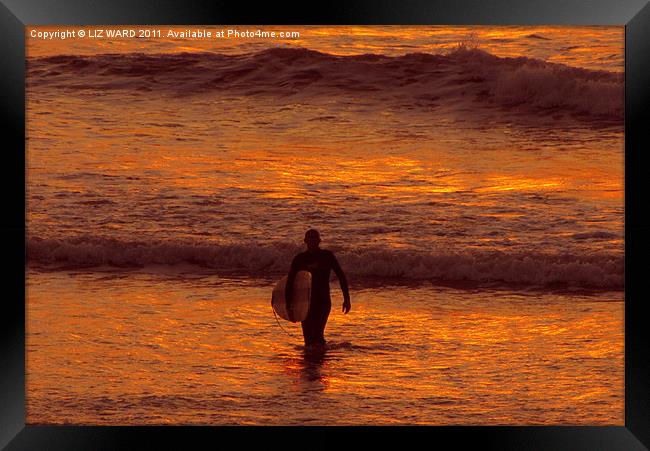 Sunset Surfing Framed Print by Liz Ward