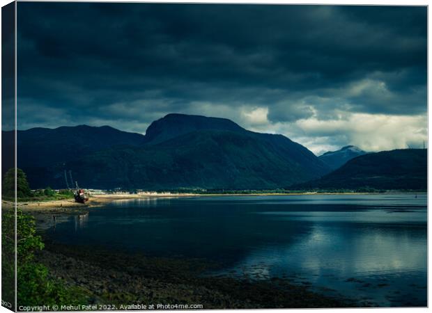 View of Ben Nevis from Corpach towering above Loch Linnhe. Scottish Highlands, Scotland Canvas Print by Mehul Patel