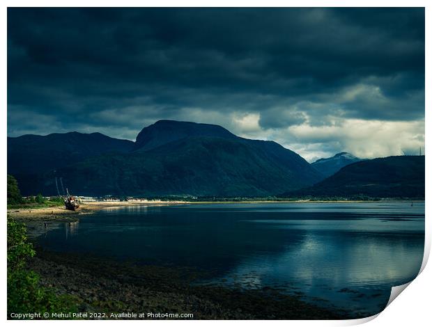 View of Ben Nevis from Corpach towering above Loch Linnhe. Scottish Highlands, Scotland Print by Mehul Patel