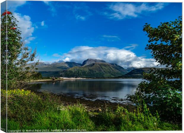 Highest mountain in UK, Ben Nevis, viewed from Corpach Basin towering above Loch Linnhe Canvas Print by Mehul Patel