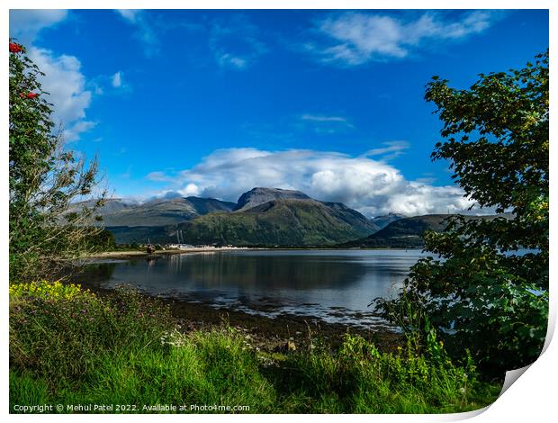 Highest mountain in UK, Ben Nevis, viewed from Corpach Basin towering above Loch Linnhe Print by Mehul Patel