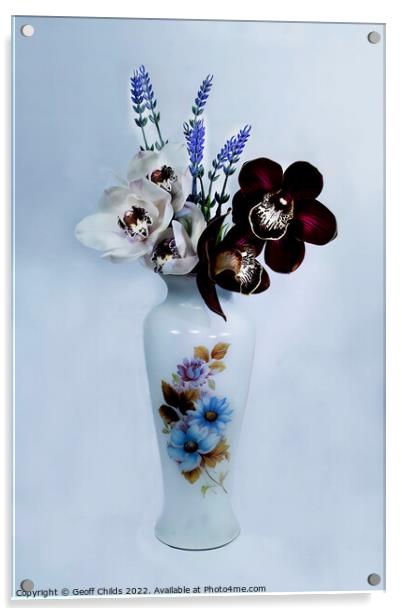  White and purple Cymbidium Orchids in a vase.  Acrylic by Geoff Childs