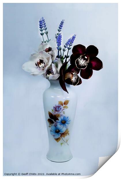  White and purple Cymbidium Orchids in a vase.  Print by Geoff Childs