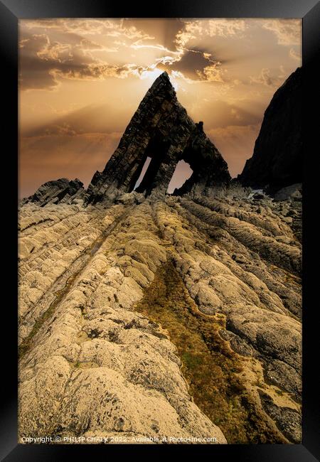 Black church rock sunset on the Devon coast 804 Framed Print by PHILIP CHALK