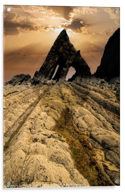 Black church rock sunset on the Devon coast 804 Acrylic by PHILIP CHALK