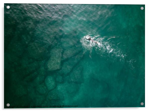 Top down aerial view of unidentifiable male open water swimming in turquoise water. Captured in Cascais, Portugal Acrylic by Alexandre Rotenberg