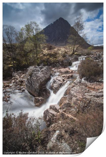 Glencoe Mountain and waterfall Print by Pauline Hamilton