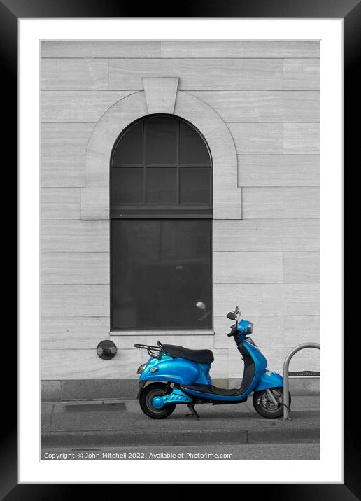 Selective colour blue motor scooter Framed Mounted Print by John Mitchell