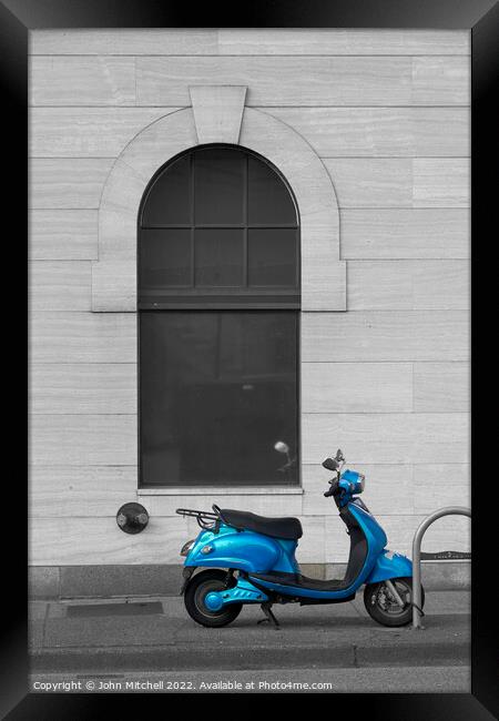 Selective colour blue motor scooter Framed Print by John Mitchell