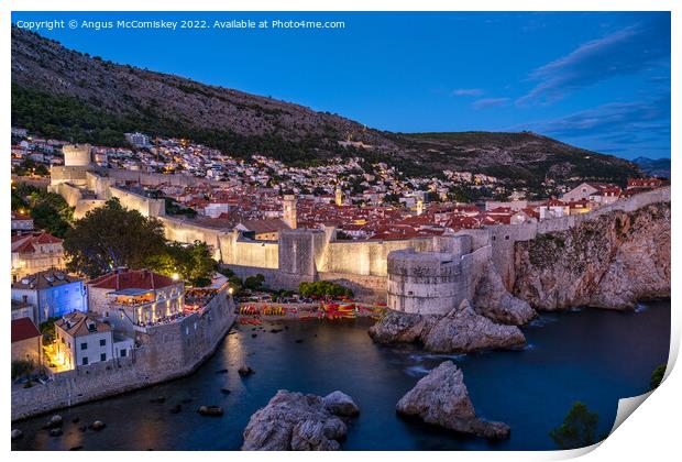 Old walled city of Dubrovnik at dusk, Croatia Print by Angus McComiskey